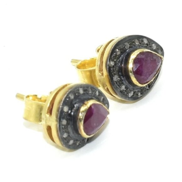 Gold plated Sil Diamond (0.20) Ruby (1.5ct) Earring - Picture 2 of 3